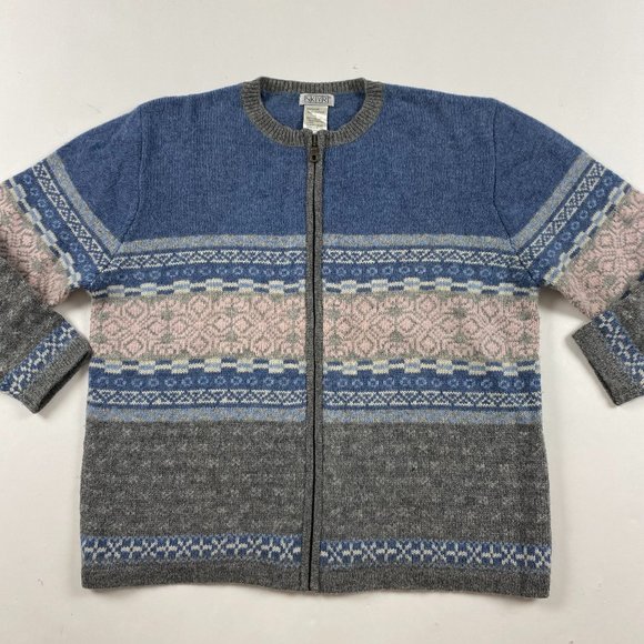 Skyr Sweaters - Vtg Skyr Wool Cardigan Sweater Women's Large Full-Zip Gray Blue Pink Fair Isle